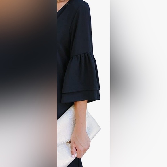 BELONGSCI 2024 Summer Dress V-Neck Bell Sleeve Shift Mini Dress Black Large - Picture 4 of 4